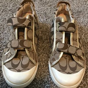 Coach Brown and Gold Women's Sneakers. Like new. Classy Velcro closure.